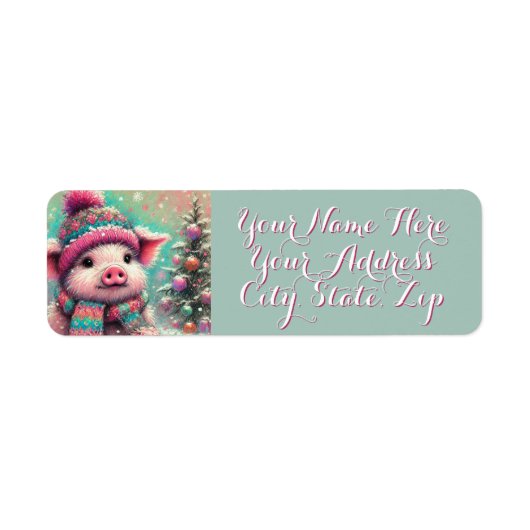 Pig in Scarf Snowflakes Personalized Christmas Etiket (Voorkant)