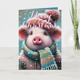 Pig in Scarf Snowflakes Personalized Christmas Kaart