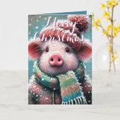 Pig in Scarf Snowflakes Personalized Christmas Kaart (Gele Bloem)