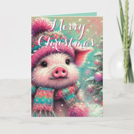 Pig in Scarf – Whimsical Snowflake Holiday  Kaart