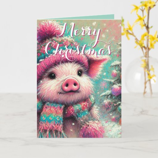 Pig in Scarf – Whimsical Snowflake Holiday  Kaart (Gele Bloem)