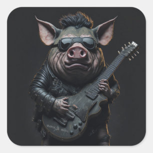 Pig Metal Gitaar I Ham Rock & Roll Muzikant Cool Vierkante Sticker