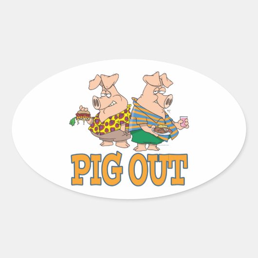 PIG OUT PIG FOOD CARTOON OVALE STICKER (Voorkant)
