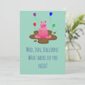 Pig Party Invitation – Mud Fun & Balloons Kaart (Staand voorkant)