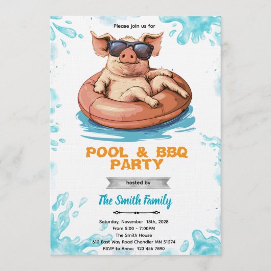 Pig Pool and bbq Party Invitation Kaart (Voorkant)