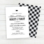 Pig Roast and Toast Black Wedding Rehearsal Dinner Kaart<br><div class="desc">Stijlvolle en elegante barbecue,  de zogenaamde 'Pig Roast & Toast' huwelijksrepetitie,  biedt een klein varkensmotief,  stijlvolle aangepaste tekst in roestende,  script- en moderne stijllettertypen,  een scrolldesign-accent en een aanvulling op het zwarte en witte gingham-vlekpatroon op de achterkant van de kaart. Ideaal voor een gesofisticeerde 'backyard' zomerkamp.</div>