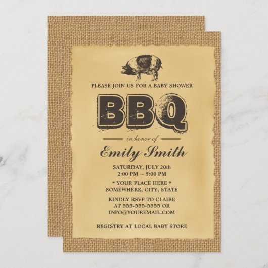 Pig Roast Baby shower BBQ Party Burlap Kaart (Voorkant / Achterkant)