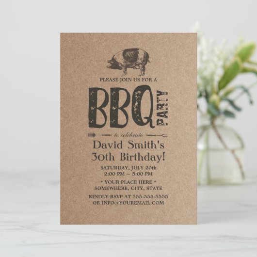 Pig Roast BBQ Birthday Party Rustic Kraft Kaart (Staand voorkant)