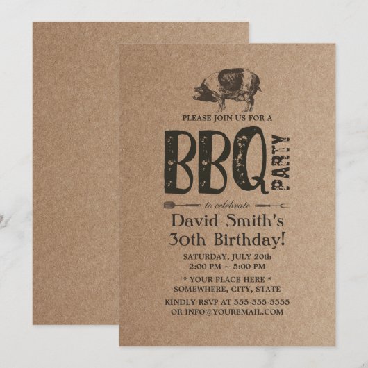 Pig Roast BBQ Birthday Party Rustic Kraft Kaart (Voorkant / Achterkant)