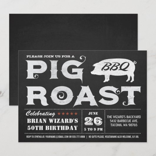 Pig Roast BBQ Uitnodigingen Chalkboard (Voorkant / Achterkant)