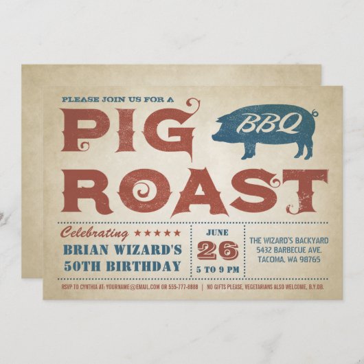  Pig Roast BBQ Verjaardagsuitnodiging Kaart (Voorkant / Achterkant)
