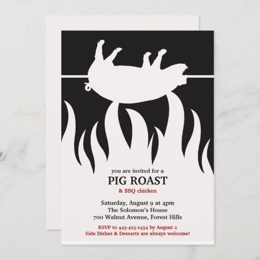Pig Roast Flame BBQ Platte Uitnodiging (Voorkant / Achterkant)