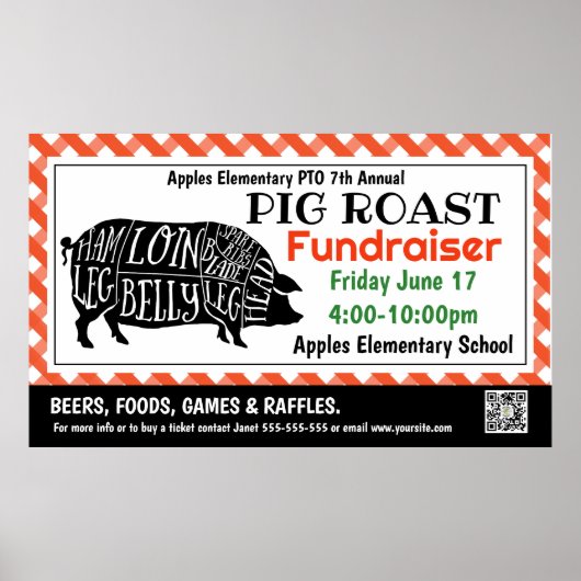 PIG ROAST Fundraiser PTO PTA Kerk Banner Poster (Voorkant)