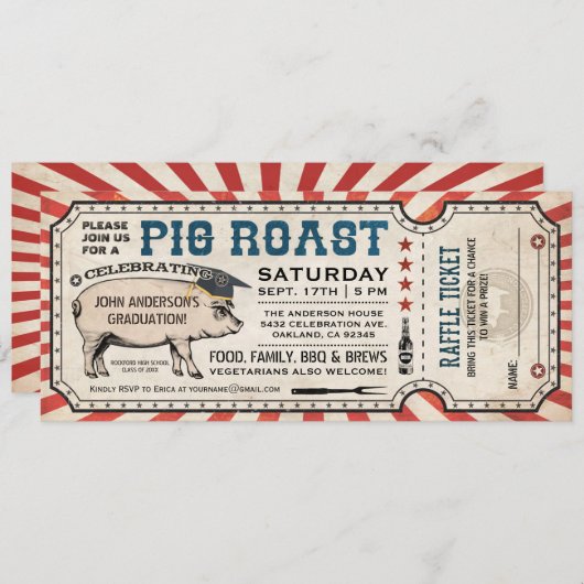 Pig Roast Graduation Invitations met Raffle Ticket Kaart (Voorkant / Achterkant)
