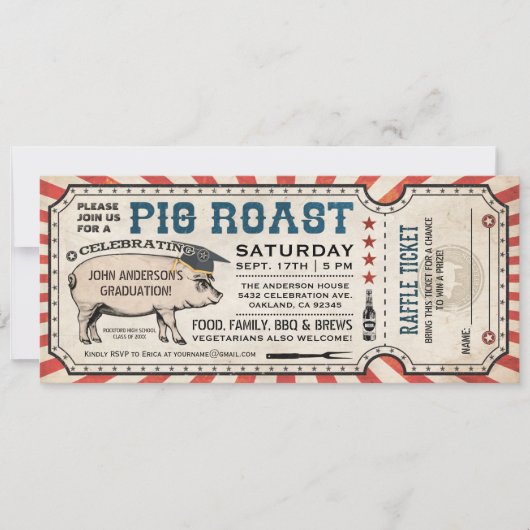 Pig Roast Graduation Invitations met Raffle Ticket Kaart (Voorkant)
