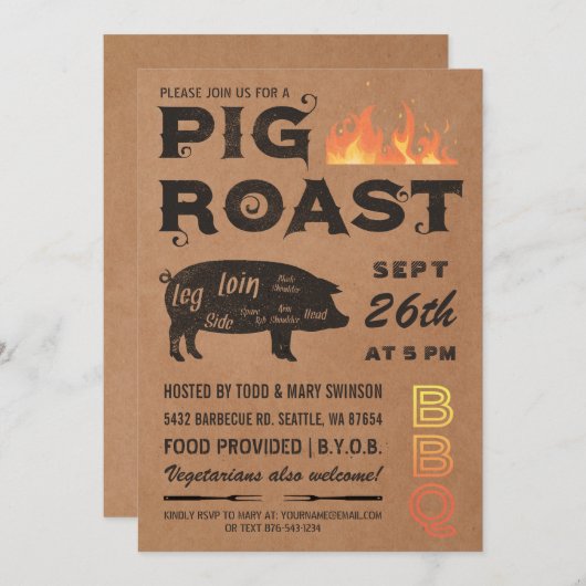 Pig Roast Invitations | BBQ Butcher Paper Kaart (Voorkant / Achterkant)