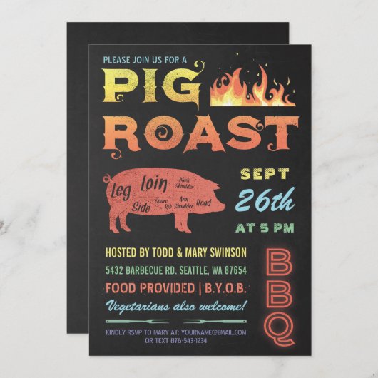 Pig Roast Invitations | Kleur van het Chalkboard v Kaart (Voorkant / Achterkant)