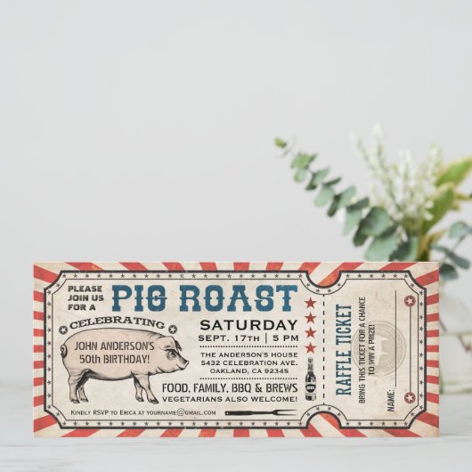 Pig Roast Ticket-uitnodigingen met Raffle Ticket v Kaart (Staand voorkant)