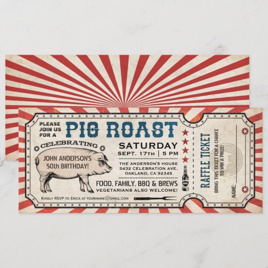 Pig Roast Ticket-uitnodigingen met Raffle Ticket v Kaart (Voorkant / Achterkant)