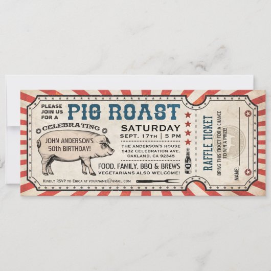 Pig Roast Ticket-uitnodigingen met Raffle Ticket v Kaart (Voorkant)