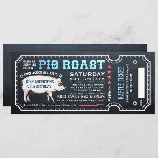Pig Roast Ticket-uitnodigingen met Raffle Ticket v Kaart (Voorkant / Achterkant)