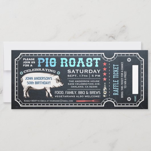 Pig Roast Ticket-uitnodigingen met Raffle Ticket v Kaart (Voorkant)