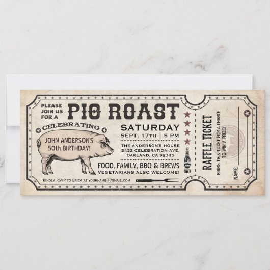 Pig Roast Ticket-uitnodigingen met Raffle Ticket v Kaart (Voorkant)