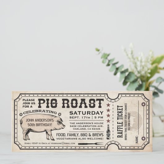 Pig Roast Ticket-uitnodigingen met Raffle Ticket v Kaart (Staand voorkant)