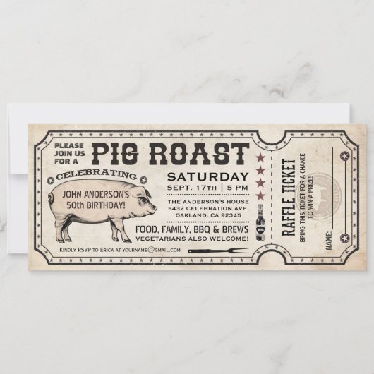 Pig Roast Ticket-uitnodigingen met Raffle Ticket v Kaart (Voorkant)