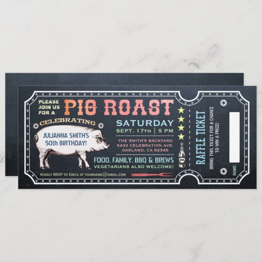 Pig Roast Ticket-uitnodigingen met Raffle Ticket v Kaart (Voorkant / Achterkant)
