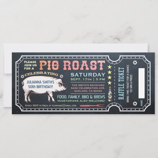Pig Roast Ticket-uitnodigingen met Raffle Ticket v Kaart (Voorkant)