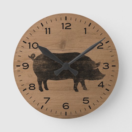 Pig Silhouette Faux Wood Land Ronde Klok (Voorkant)