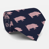 Pig Silhouettes Patroonroze en Blauw Dierenvriend Stropdas (Opgerold)