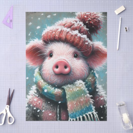 Pig Winter Hat Scarf Chalk-Pastel Decoupage Tissuepapier (Craft)