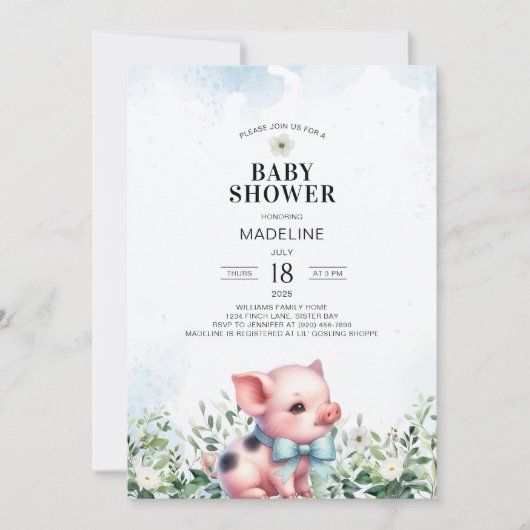 Pig with Bow Blue Boy Baby shower Uitnodiging (Voorkant)