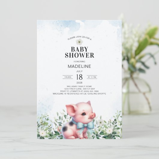 Pig with Bow Blue Boy Baby shower Uitnodiging (Staand voorkant)
