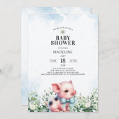Pig with Bow Blue Boy Baby shower Uitnodiging (Voorkant / Achterkant)