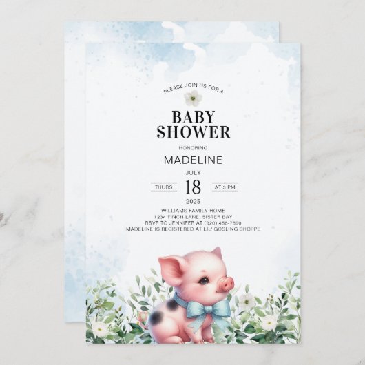 Pig with Bow Blue Boy Baby shower Uitnodiging (Voorkant / Achterkant)