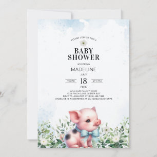 Pig with Bow Blue Boy Baby shower Uitnodiging