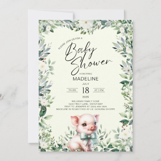 Pig with Bow Greenery Baby shower Uitnodiging (Voorkant)