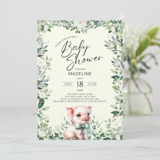 Pig with Bow Greenery Baby shower Uitnodiging (Staand voorkant)