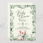 Pig with Bow Greenery Baby shower Uitnodiging (Voorkant / Achterkant)
