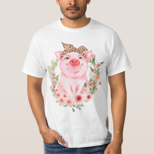 Pig With Leopard Headband Flower T Cute Pig Lover  T-shirt (Voorkant)