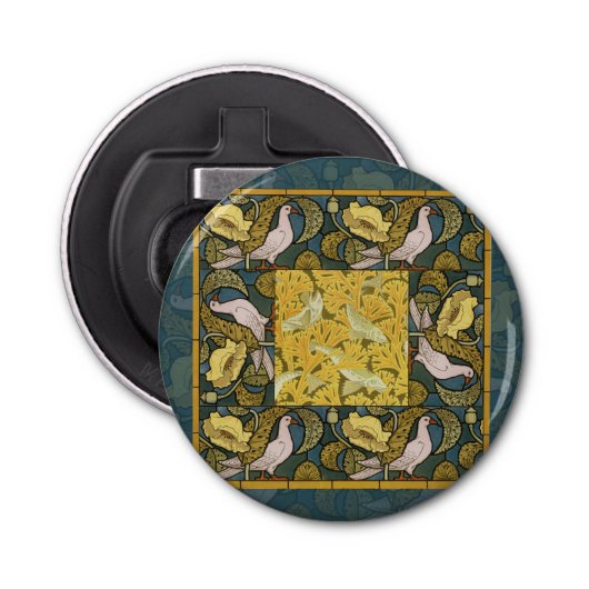 Pigeon Blue Yellow Fish Art Nouveau Button Flesopener (Voorkant)
