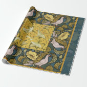 Pigeon Blue Yellow Fish Art Nouveau Cadeaupapier (Uitgerold)