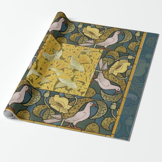 Pigeon Blue Yellow Fish Art Nouveau Cadeaupapier (Uitgerold)