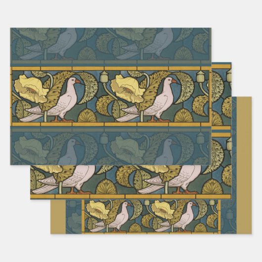 Pigeon Blue Yellow Fish Art Nouveau Inpakpapier Vel (Set)