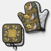 Pigeon Blue Yellow Fish Art Nouveau Ovenwant & Pannenlap Set (Voorkant / Achterkant)