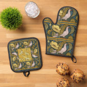 Pigeon Blue Yellow Fish Art Nouveau Ovenwant & Pannenlap Set (Top down)