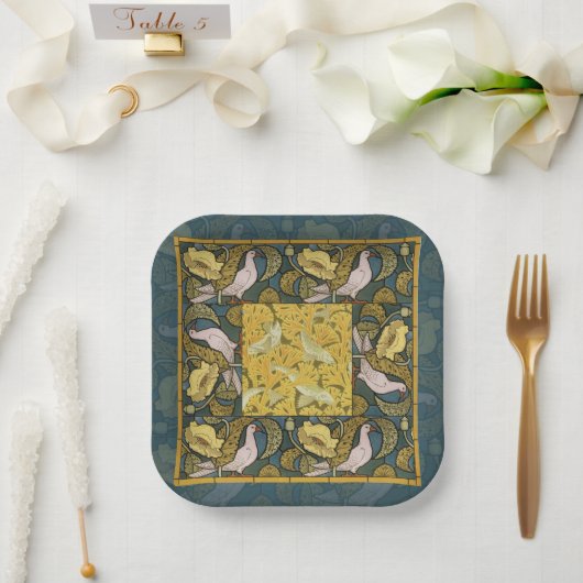 Pigeon Blue Yellow Fish Art Nouveau Papieren Bordje (Huwelijk)
